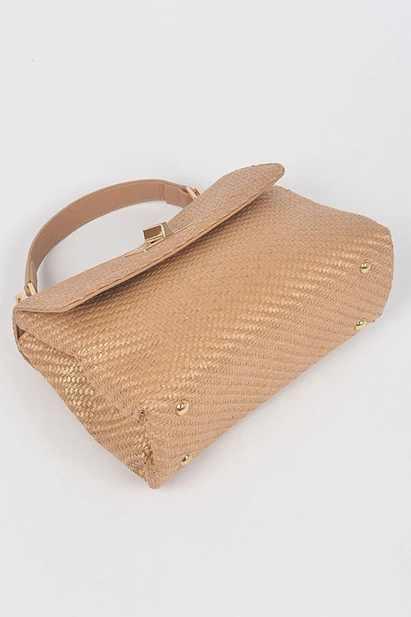 Faux Straw Top Handle Flap Bag