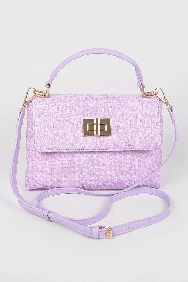 Faux Straw Top Handle Flap Bag